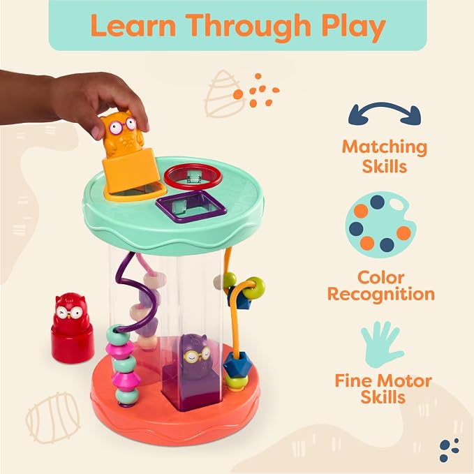 B. toys Baby Shape Sorter, Hooty-Hoo Owls, Bead Mazes & Sounds, Interactive | Hooty-Hoo shape sorter with 3 owl shapes, 3 bead mazes, color matching and fun sounds for fine motor play, Baby, 10+ Months
