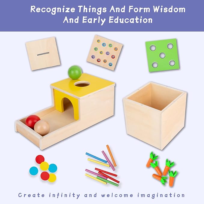 Adena Montessori 4 in 1 Wooden Play Kit for Babies 6-12 Months | Object permanence box, color drop, carrot, coin box, ball drop for hand eye coordination, fine motor, cognitive skills