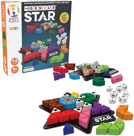 The Happy Puzzle Company The Genius Star | Toy of The Year Award Winning Family Board Game | 165,888 Possible Puzzles | Filling in Colored Shapes | Blockers to Complete A Star | Golden Star Twist