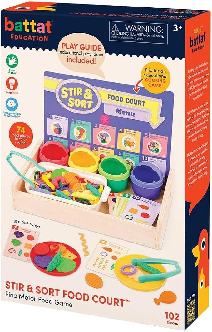 Battat Education Stir & Sort Food Court Play Food Fine Motor Game, Learning | 102-piece pretend play food set with 74 food pieces, tongs, bowls, plates, recipe cards, spinner and wooden tray, 3+ Years