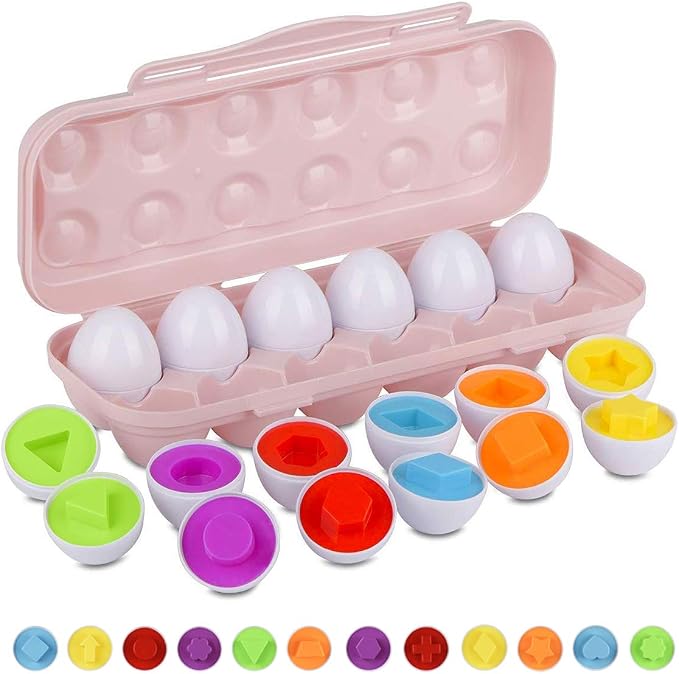 Hhyn Color Shape Matching Eggs, Pink, 12 Eggs | Preschool Learning Educational Sorting, Easter Eggs Toys Gift, Recognition Skills for Kids Boys Girls with Eggs Holder