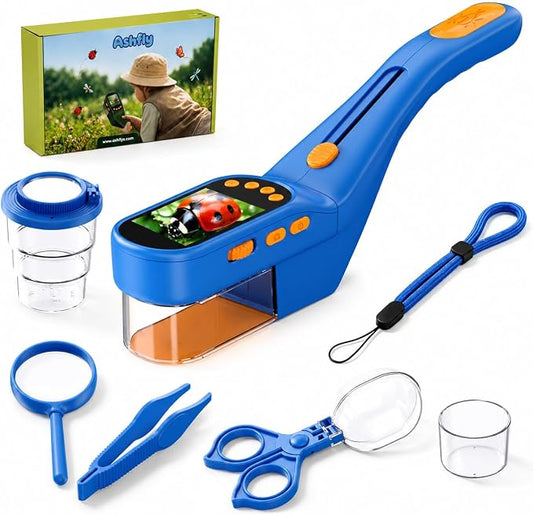 Ashfly Bug Catcher for Kids, Handheld Microscope for Kids with Screen | No-touch catching with clear chamber, manual focus, photo/video and USB-C PC viewing for close-up insect observation