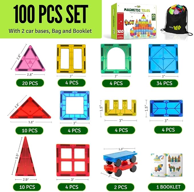 Magnetic Tiles 100 pcs with 2 Cars, STEM Building Blocks for Kids, Educational Gift, Magnet Construction Toys for Toddlers, School Teacher Supplies, Classroom Must-Haves