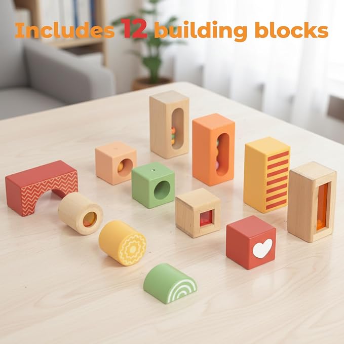 Fun with Sounds Wooden Discovery Blocks for Toddlers with Acoustic Sounds, Toddler Toys for Preschool Learning Activities (Red)
