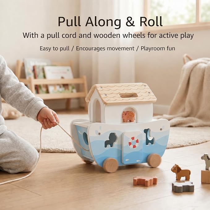 Wooden Noah’s Ark Toy for Toddlers 1-3, Montessori Animal Shape Sorter with 8 Pairs of Animals, Noah Figures, Rainbow, Ladder and Lacing Rope, Baptism Gift for Boys