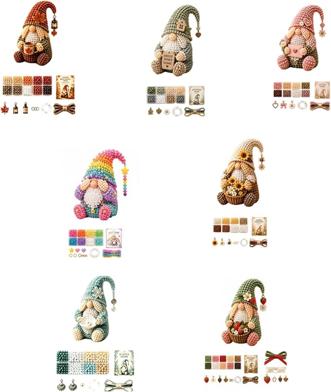 3D Beaded Gnome Craft Kit, 7.1in Non Slip Stable Structure Bead Threading Project Box, Handmade Gnome DIY Toy Set with Charms for Kids Ages 6 Plus Adults
