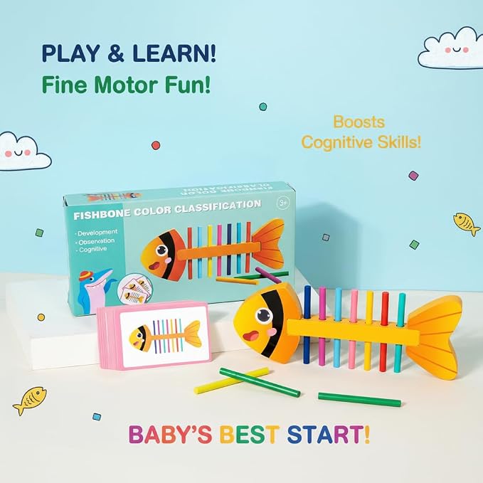 Montessori Fine Motor Skills Toys for Toddlers, Wooden Fishbone Color Matching & Sorting Toy with 20 Task Cards, Learning Educational Gifts for 3 4 5 6 Year Olds, Baby Sensory Training Toys