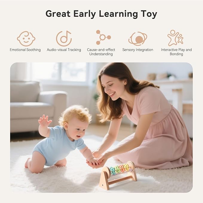 IEATFO Rain Stick Toy with Stand - Sensory Sound Training Tool for Kids, Tummy Time Musical Instrument for Infant Development | Rainmaker with Wooden Base, Clear Tube, Colored Flower Discs and Beads