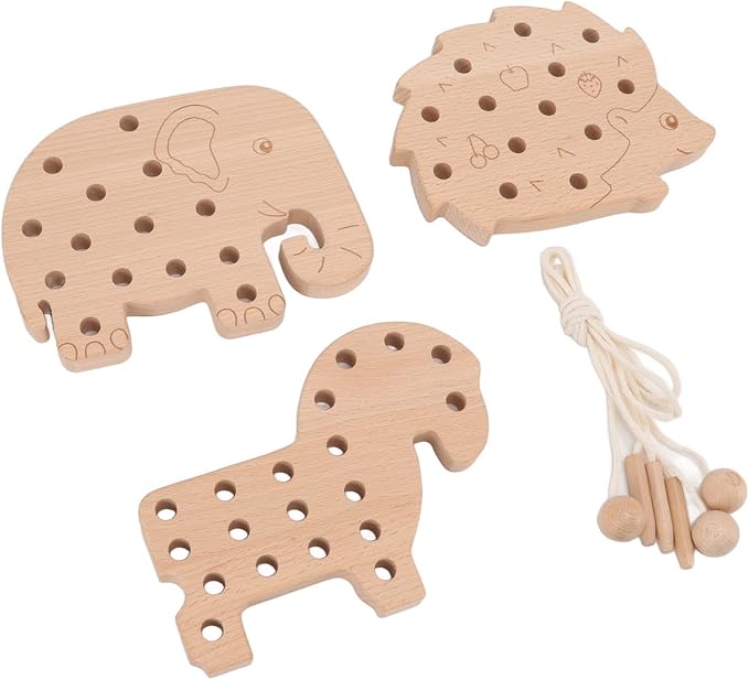 Fabater Wooden Lacing Toy for Toddlers - Animal Style Threading Toy, Safe Beech Wood Lace Block, Fine Motor Skill Early Education, 3-Pack Learning for Kids