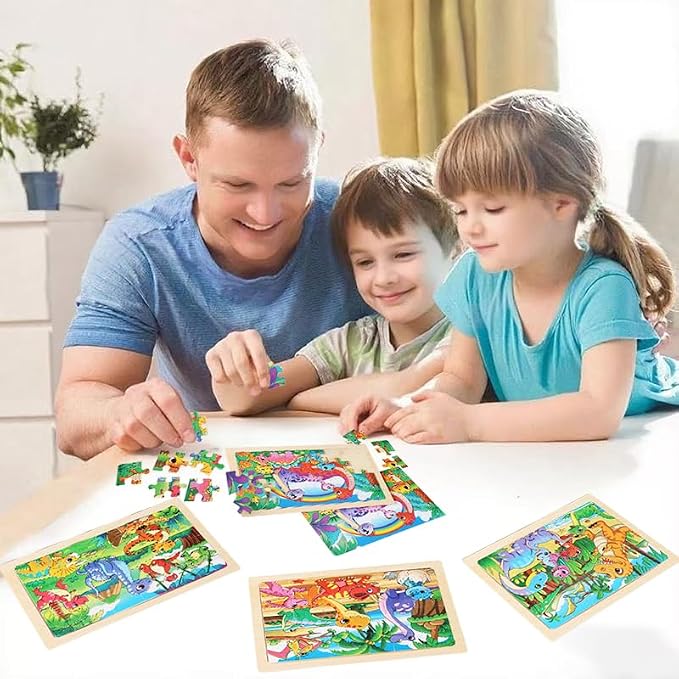 Wooden Puzzles for Kids 3-5, 4 Pack Dinosaur Jigsaw Puzzles for Toddlers, 24 Pieces Preschool Learning Activities, Learning & Educational Puzzles, Gift for Boys, Girls