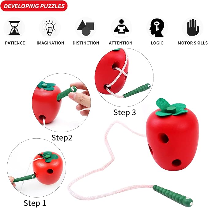 Sealive Early Development Wooden Lacing Toys, Montessori Activity | Caterpillars Eat Apple and Kids Cheese Toys, Children Learning Educational Wood Block Puzzles for Toddlers Boys Girls