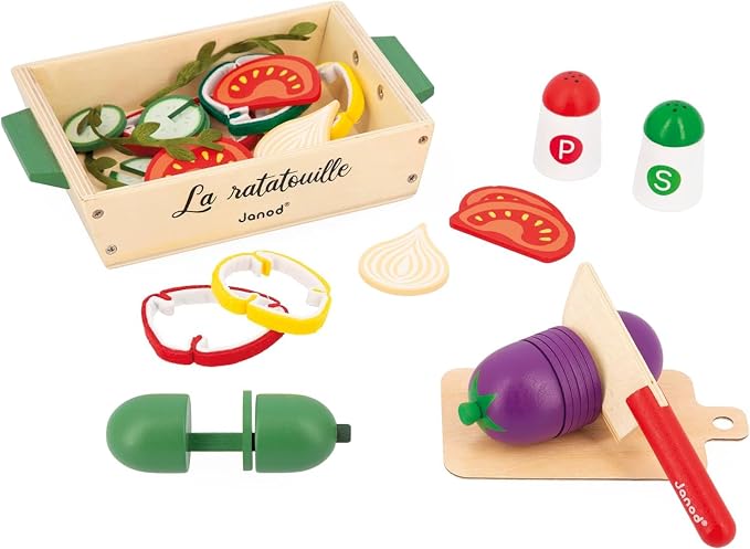 JANOD Ratatouille J06626 J06626 Set of 32 Kitchen Accessories with Recipe, Utensil and Imitation Vegetables, FSC Wooden Toy, Ages 3 and Above, Multi-Coloured