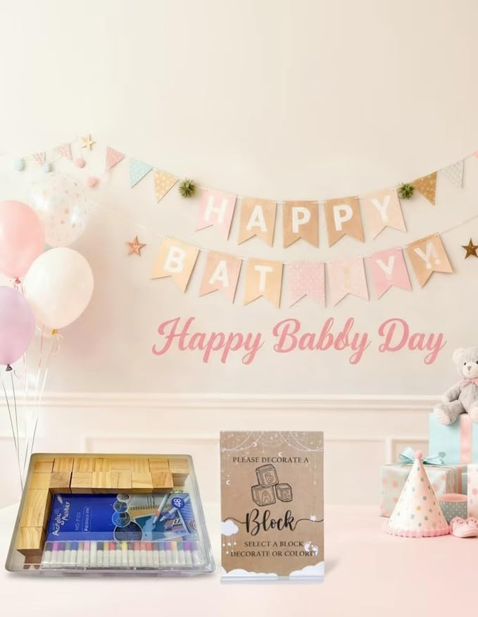 156-Piece Baby Shower Building Block Game Set, featuring 58 plain wooden blocks, 48 markers, 48 templates, 1 game instruction card, and 1 storage box—specially designed for parties (Floral Theme)
