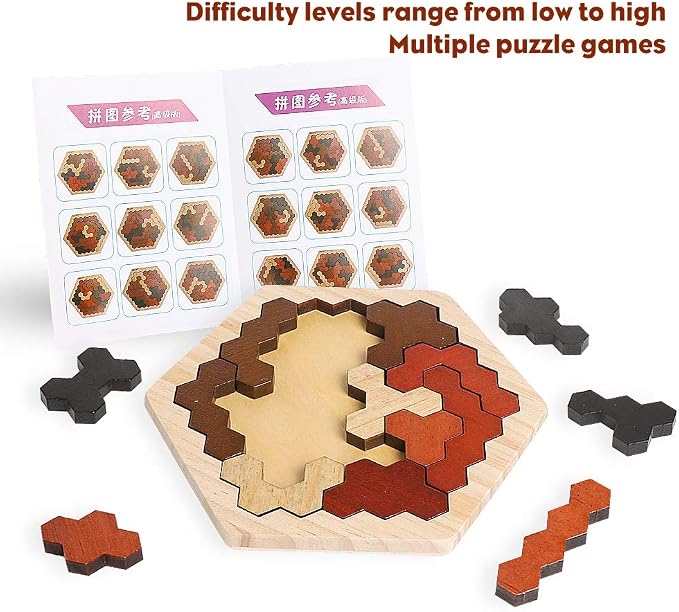 Wooden Hexagon Montessori Tangram Puzzle, STEM Brain Teaser for All Ages | Colorful Geometric Shapes, Montessori Learning Toy, Logic IQ Game, Educational Gift for Kids Teens Adults