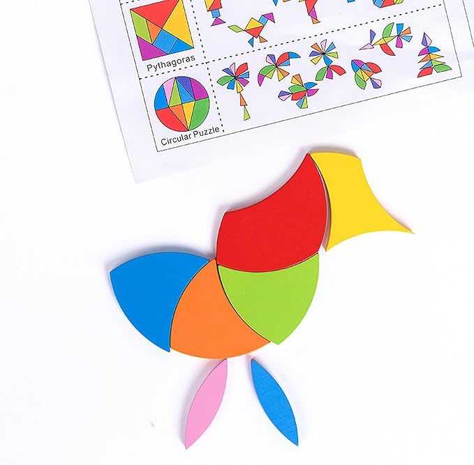 Wooden Blocks Puzzle Brain Teasers Toy 6 IN1Geometric Wooden Tangram Puzzle Game Geometry Jigsaw Logic IQ Games Fidget Toys STEM Montessori Educational Gift for Kids Adults