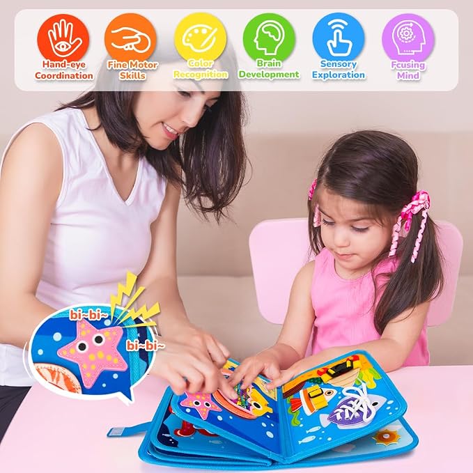 Toddler-Busy-Board, 10-Page Ocean Busy-Book, Learning Sensory-Board-Toys | Educational Quiet Activity Book with Sea Animals & Life Skills, Baby Book Sensory Fine Motor Toy for Airplane Car Travel Toys