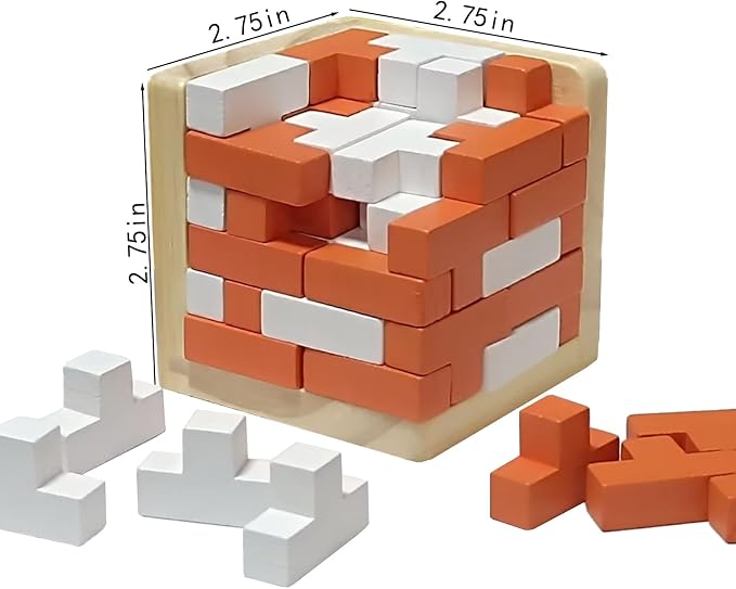 AHYUAN Wooden Brain Teaser Puzzles Cube Stocking Stuffers Wooden Puzzles T-Shaped Jigsaw Logic Puzzle Educational Games Toy for Kids and Adults (Orange and White)
