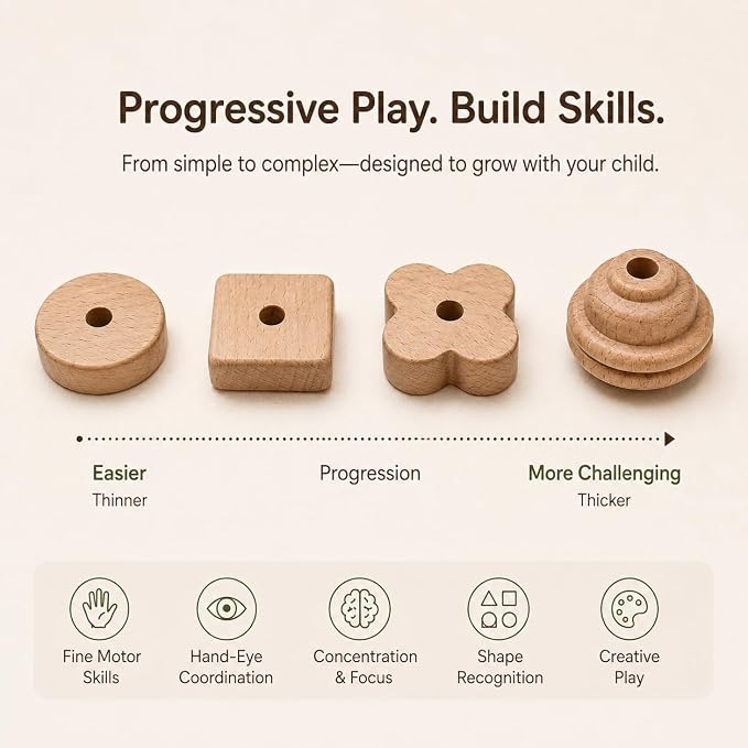 Kiddison Large Wooden Lacing Beads for Toddlers 2-4, Montessori Threading & Stringing Toy with Wooden Tray, Fine Motor Skills Activity, Occupational Therapy Toy, 27 Beads & 1 Lace