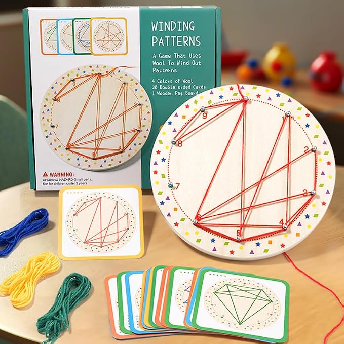 EduLand Montessori Wooden Peg Board Winding Patterns Game - Learning & Development Toy - 3+ Years - Includes 4 Colors Wool, 20 Pattern Cards, Wooden Pegboard