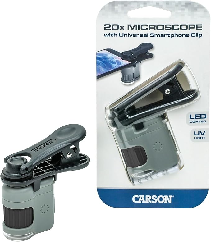 Carson MicroMini 20x LED and UV Lit Pocket Microscope & Smartphone Clip | Mini Microscope Kit with Universal Smartphone Adapter & Pocket Micoscope for Adults, Student, Kids STEM (MM-380)