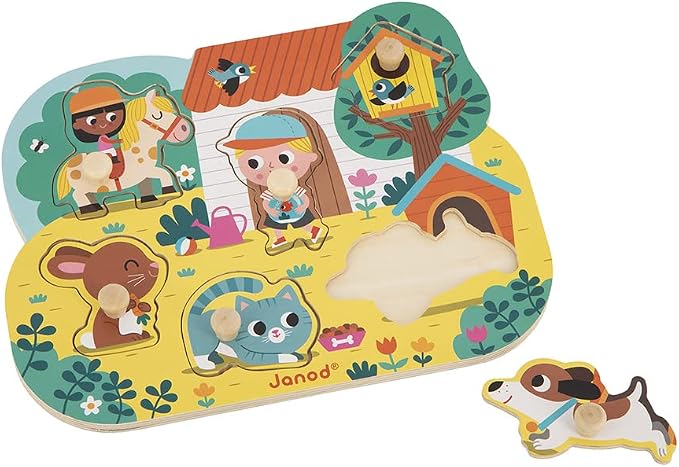 Janod - Babies’ Wooden Puzzle - 6 Pieces with Pegs - Countryside Theme - Recessed Puzzle - Early-Learning Toy - 18 Months + J07107 | Early-Learning Educational Toy - Recessed Board with Pegs - Develops Fine Motor Skills - Toddlers 18 Months and Up
