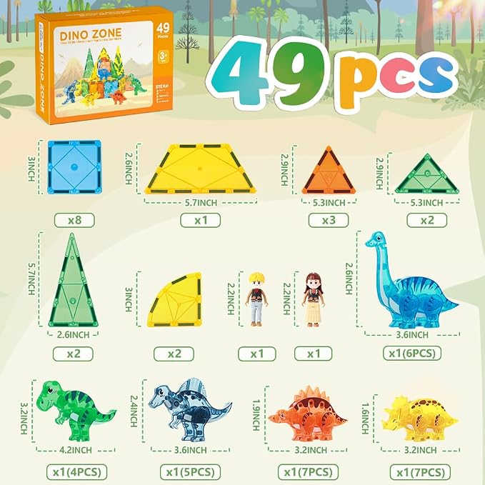 BENOKER Dinosaur Magnetic Tiles, Animals Magnet Building Blocks Toys Gift | 49P Dinosaur magnetic tiles to build vivid dino world scenes. Educational STEM playset, wonderful birthday gift for kids