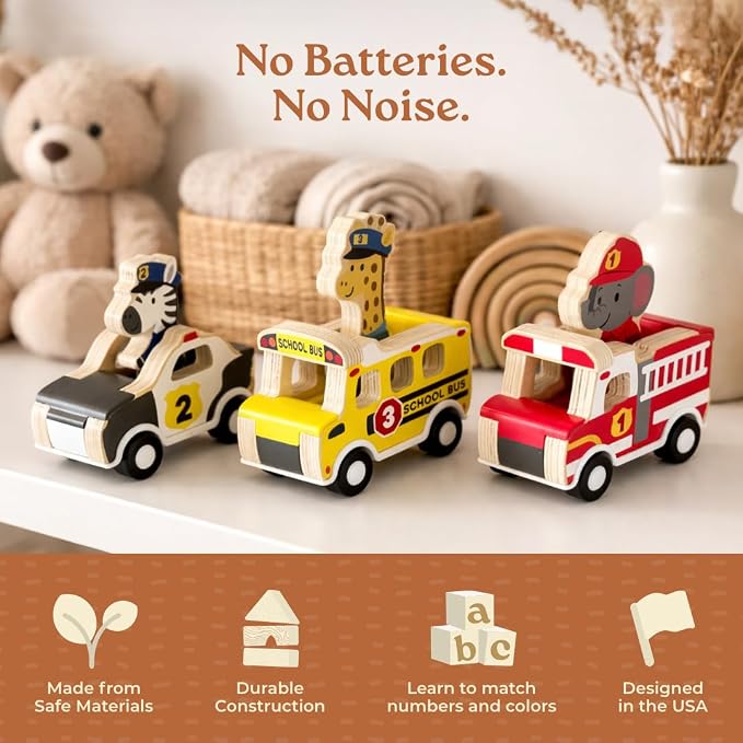 Little Acorn, Wooden Pull Back Cars with Mix & Match Characters | Montessori Toys for 1 & 2 Year Old | Car Toys for Toddlers 1-3 | Baby Toys 6-12 Months | Birthday Gifts for Boys Girls
