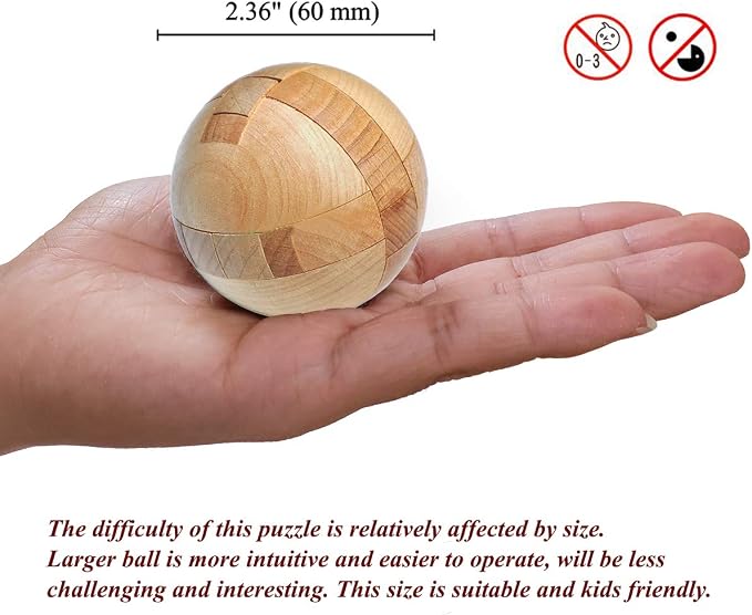 KINGOU Wooden Sphere Puzzle Brain Teaser Toy for Kids and Adults | Measures 2.36 inches, ideal ball stocking stuffer puzzle gift, includes 3 random metal puzzles and guide