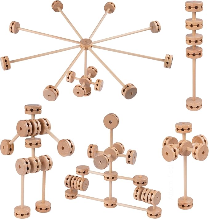 Wooden Building Blocks 60PCS Montessori STEM Toy for Kids 6+, Natural Wood Splicing Joints and Sticks Educational Sensory Tinker Creative 3D Playset Stacking Game | Stacking Blocks, Natural Wood Splicing Joints and Sticks Educational Sensory Tinker Cre...