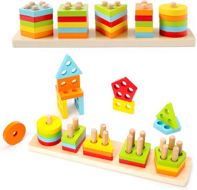 Wood City Wooden Montessori Toys for 1 2 3 Year Old Boys Girls Toddlers, Sorting & Stacking Toys for Toddlers and Kids Preschool, Educational Color Recognition Shape Sorter, Learning Puzzles Gift