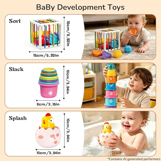 4 in1 Montessori Toys for 1 Year Old,17 Pcs Boys Girls 1st Birthday Gifts, Stacking Cups,Shape Sorter,Multi Sensory Shapes for Babies Early Educational Baby Travel Toys for Toddler 6-12 Months
