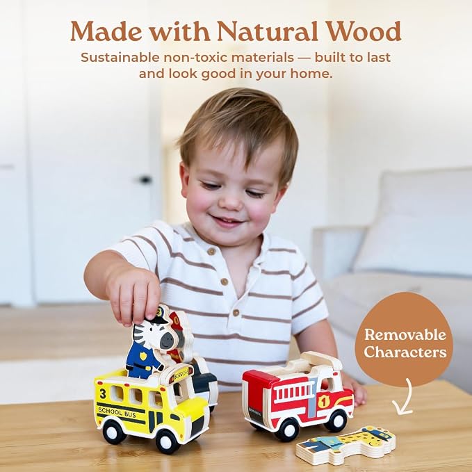 Little Acorn, Wooden Pull Back Cars with Mix & Match Characters | Montessori Toys for 1 & 2 Year Old | Car Toys for Toddlers 1-3 | Baby Toys 6-12 Months | Birthday Gifts for Boys Girls