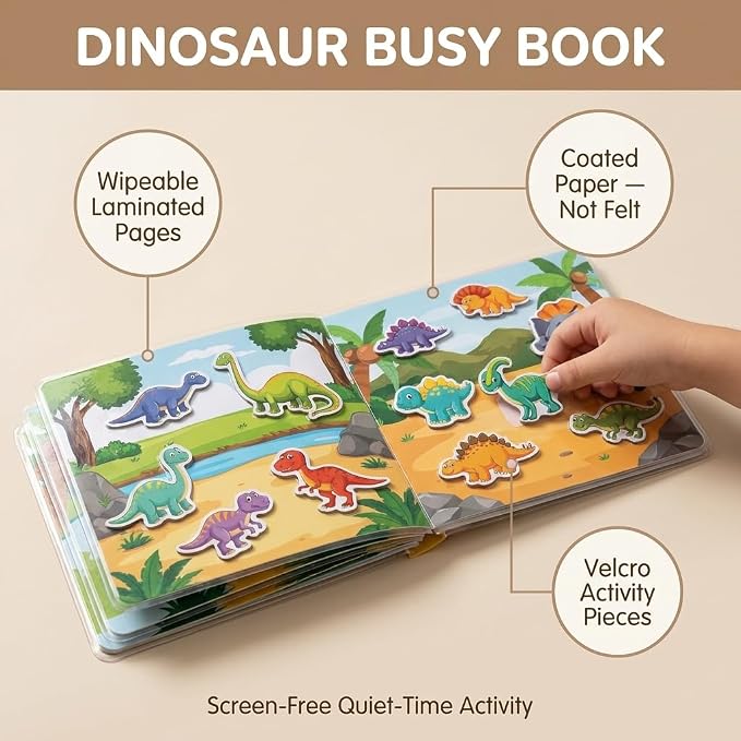 Montessori Busy Book (Dinosaur Theme) – Preschool Learning Activities for Ages 3+, Fine Motor Skills, Interactive Velcro Activity Book, Travel Toy for Kids