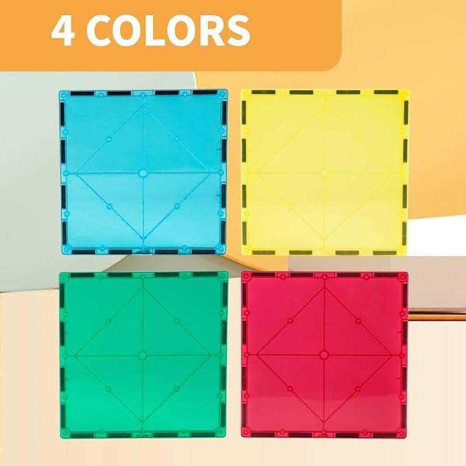 Large Magnetic Tiles Set 4 Piece Square Shape Building Blocks for STEM Learning & Fun Kit for Kids, Educational Playset for Boys & Girls 3+, Construction Toy Magnetic Tiles Square Only, Expansion Set