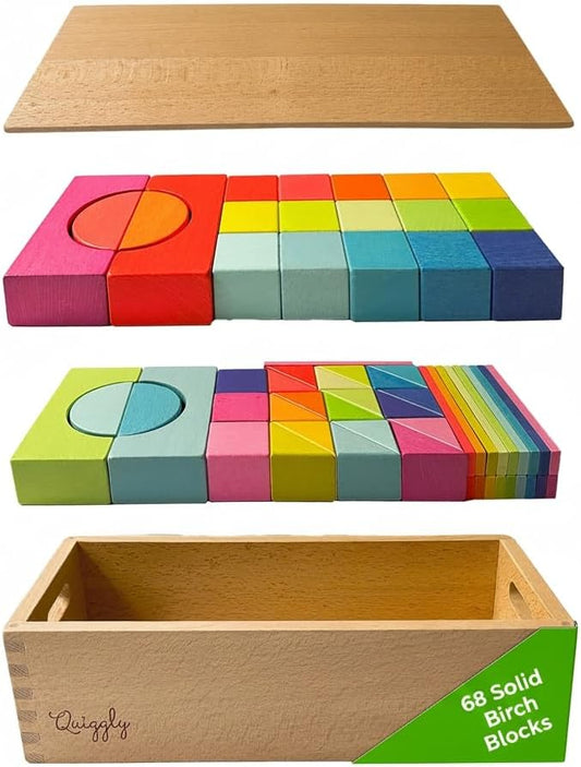 Quiggly Montessori Wooden Rainbow Building Blocks - 68 Pc STEM Toy Set | Storage box with carry handles, ages 12-48 months