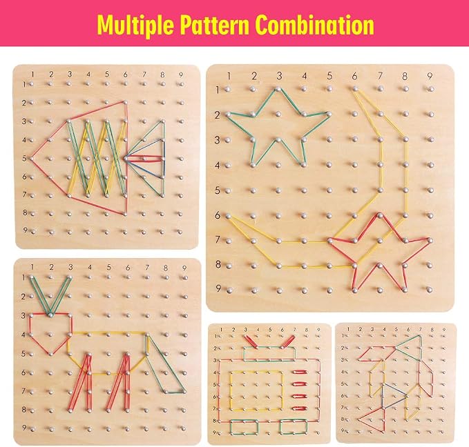 Wooden Geoboards - Montessori STEM Toy with Pattern Cards for Kids Ages 3+ | Pattern Cards & Rubber Bands, Geometric Shape Learning, Classroom STEM Tool, Brain Teaser Gift
