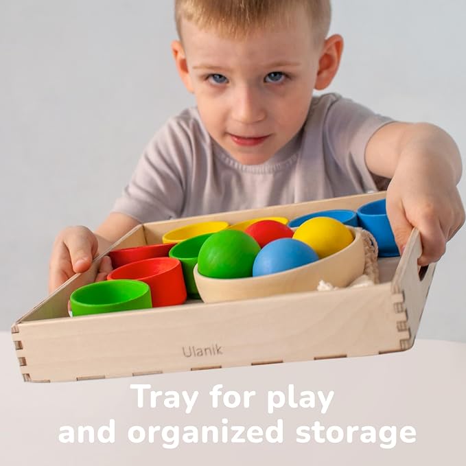 Ulanik Balls in Nests Starter Kit Montessori Toys for 1 Year Old | Open-ended wooden nesting set; 4 primary colors; tray and bag for easy storage