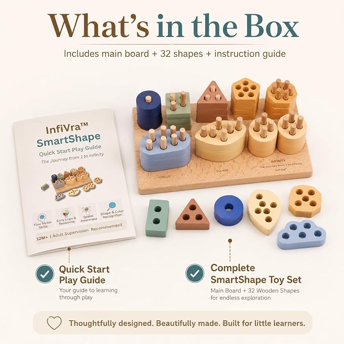 SmartShape — Montessori Wooden Shape Sorter with Cloud, Leaf & Infinity Shapes, Progressive 1-to-8 Peg Stacking Board for Toddlers 1-5, Fine Motor Learning Toy & Heirloom Gift