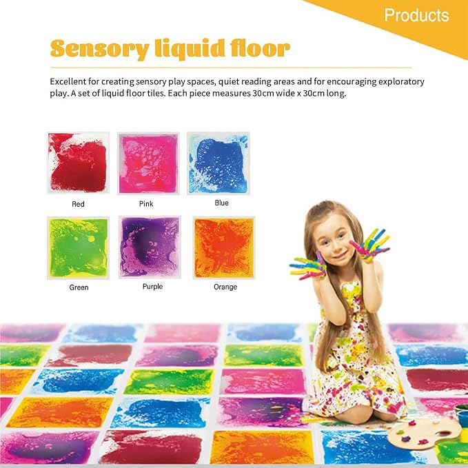 edusense Liquid Sensory Floor Tiles Non-Slip Autism Home&Classroom Play 3+ | Non-Slip Cushioned Motion Tiles for Autism Sensory Play, Daycare, Motor Skills, Visual Tracking, Ages 3+