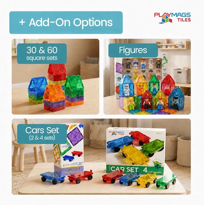 Playmags Magnetic Tiles for Kids 150-Piece Set, STEM Educational Building Blocks Toys for Kids, Includes Click-in ABC Learning Tiles, Gift for Boys & Girls, Add on Magnetic Figures, Car Set Available