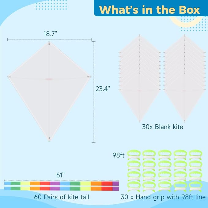 DIY Blank Kites for Kids, Bulk Kites for DIY Decorating Coloring, Kite Making Craft Kit with 10 Hand Grips with 98ft String, Easy to Fly Kite for Kids Aged 4+ Outdoor Activities