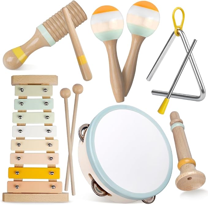 Baby Musical Instruments-Montessori Wooden Toys for Toddlers | Neutral Colors Percussion Instruments Set with Modern Boho Xylophone for Kids Preschool Educational (Neutral)