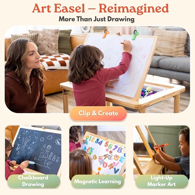 Montessori Sensory Table & Art Easel for Kids & Toddlers | Folding Extendable Legs & Storage Bins, Magnetic Boards & Tiles, Light Box Included | Space-Saving Indoor/Outdoor Play