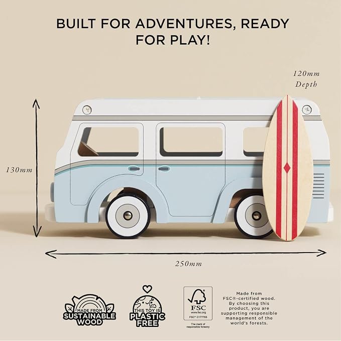 Le Toy Van Wooden Holiday Campervan with Surfboard | Wooden Toy Vehicle, FSC Certified Wood, 100% Plastic Free