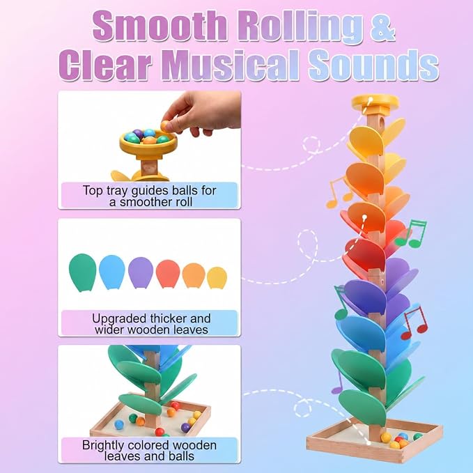 Wooden Marble Run Music Tree, Marble Run Montessori Toy for Kids Ages 3+ | Solid wood rainbow tree ball drop toy for cause effect play, color sorting, fine motor skills, sensory sound, screen free fun