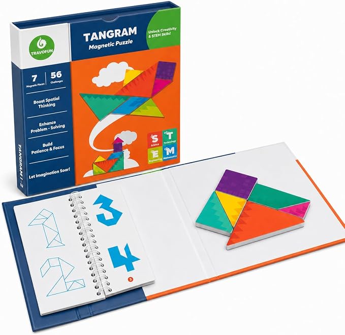TRAVOFUN Magnetic Tangram Puzzle | Travel Games for Kids Ages 4-8 | Travel tangram puzzle with 7 magnetic pieces and 56 challenges builds spatial thinking in a compact 6.5-inch activity book.