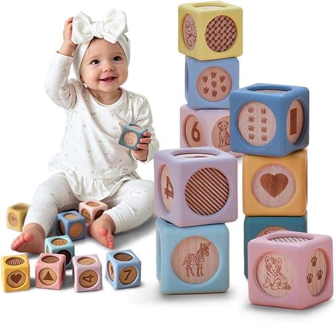 Mitico Wooden & Silicone Baby Stacking Blocks 6M+, Montessori Sensory Building Toy | Early Learning Play, Fine Motor Skills, Hand-eye Coordination, Open-ended Imaginative Play, Teething-safe Soft Edges