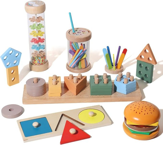 BESTAMTOY 5 in 1 Wooden Educational Learning Toy Set, Montessori Toys for 1 2 3 Year Old,Baby Rain Stick Sensory Fine Motor Skills Toys, Shape Sorter Stacking Puzzle Gifts for Toddlers Boys Girls