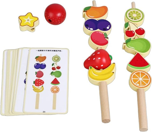 Amagogo Children Cognitive Game Fruit Lacing Beads Threading Toy Stacking Blocks Matching Cards Wooden Educational Set for Fine Motor Skills and Logical, Candied Haw Skewers