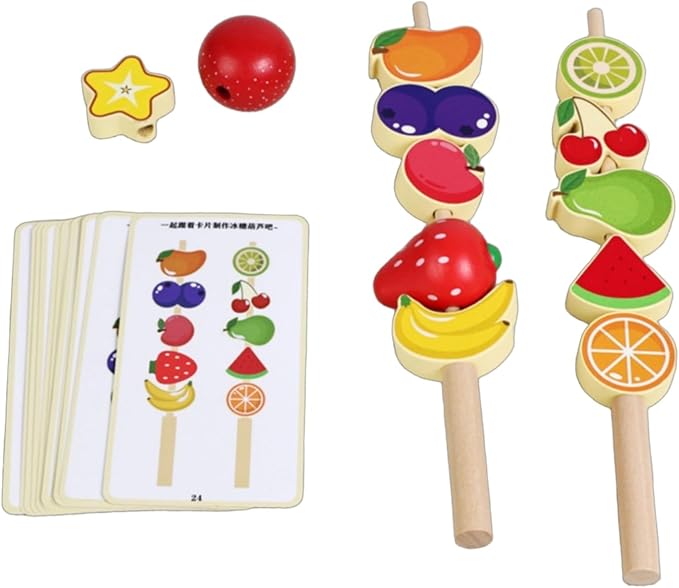 Children Cognitive Game Educational Toy Fruit Skewer Threading Game Stacking Blocks Lacing Beads Wooden Material for Early Learning Fine Motor Skills, Candied Haw Skewers